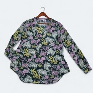 Rose + Olive Green Floral Long Sleeve Women's Top Size Small Blouse Tunic
